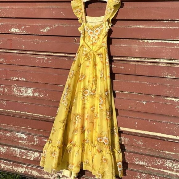 1960s Vintage Daisy Gown Dress Golden Yellow Floral Chiffon Dress Small Sz 4 - Picture 3 of 10